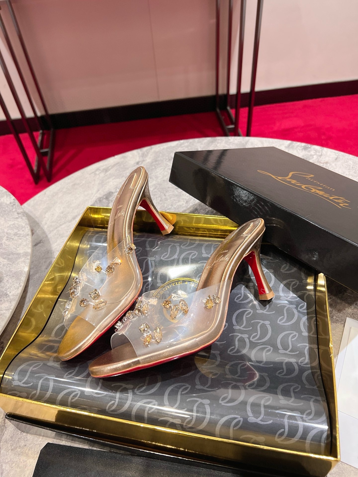 Christian Louboutin Degraqueenie 85mm Mules in Gold Leather with Crystals