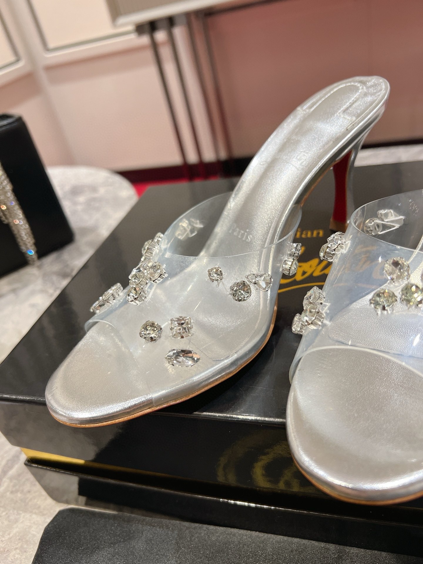 Christian Louboutin Degraqueenie 85mm Mules in Silver Leather with Crystals