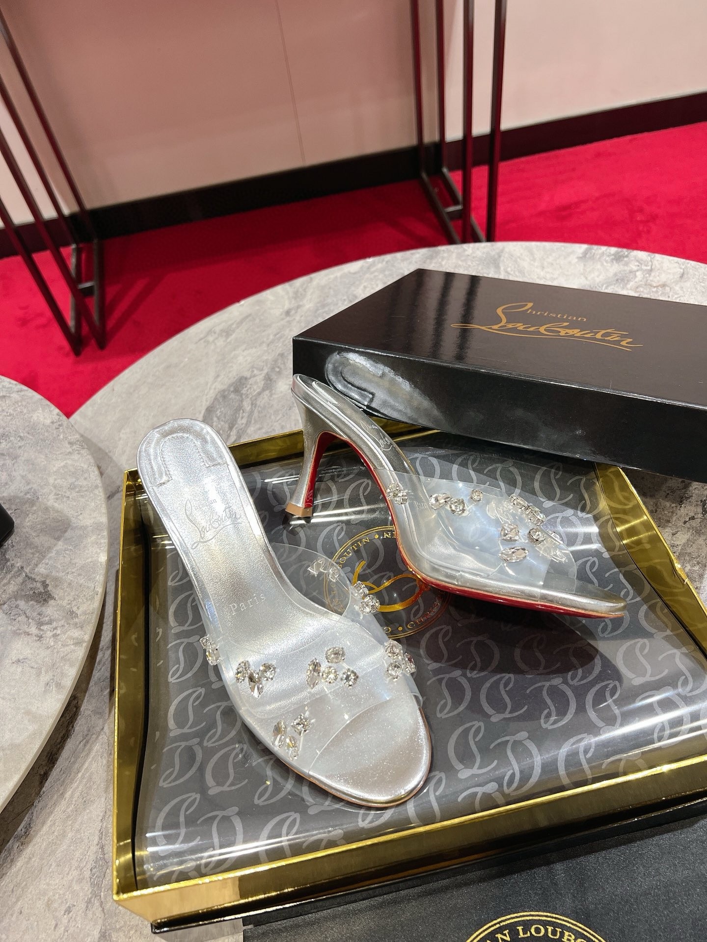 Christian Louboutin Degraqueenie 85mm Mules in Silver Leather with Crystals