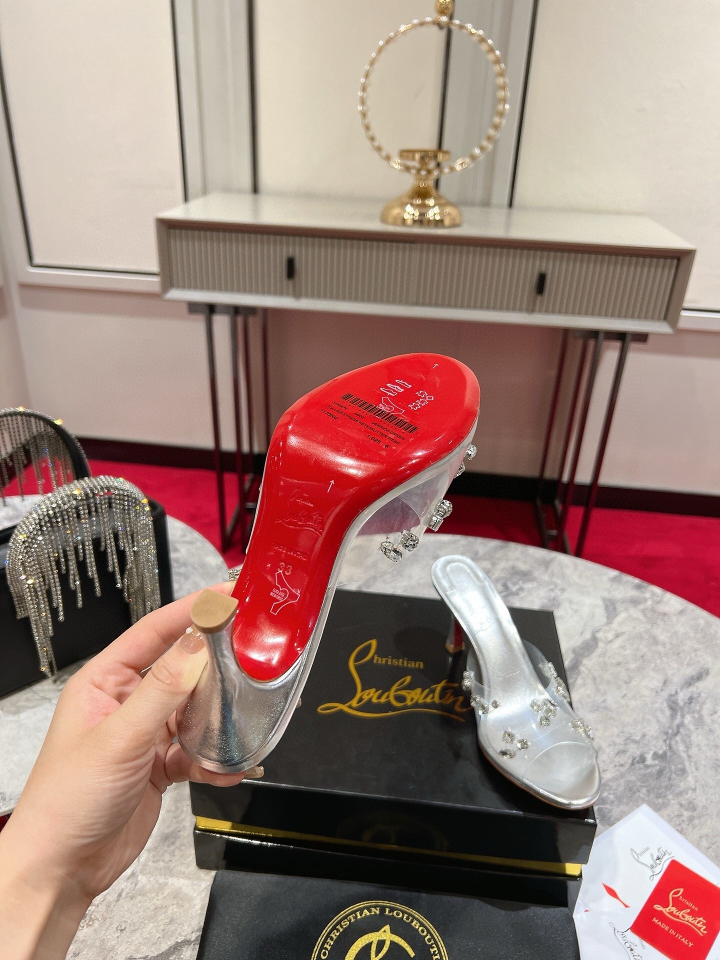 Christian Louboutin Degraqueenie 85mm Mules in Silver Leather with Crystals