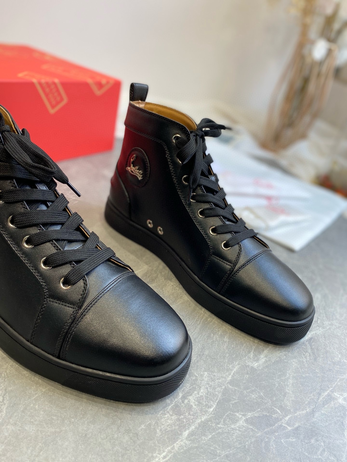 Christian Louboutin Men's Louis Flat Sneakers in Black Leather