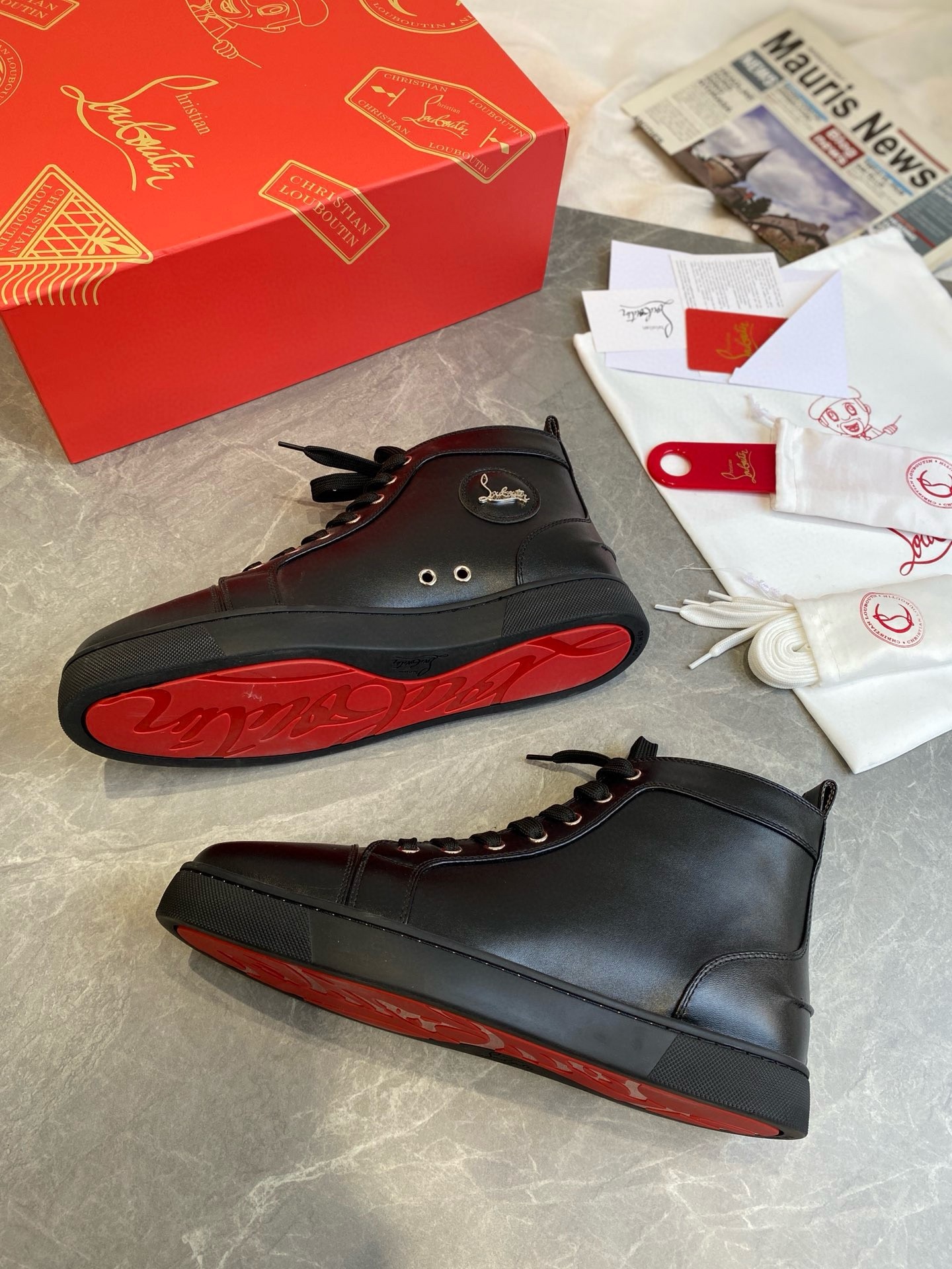 Christian Louboutin Men's Louis Flat Sneakers in Black Leather