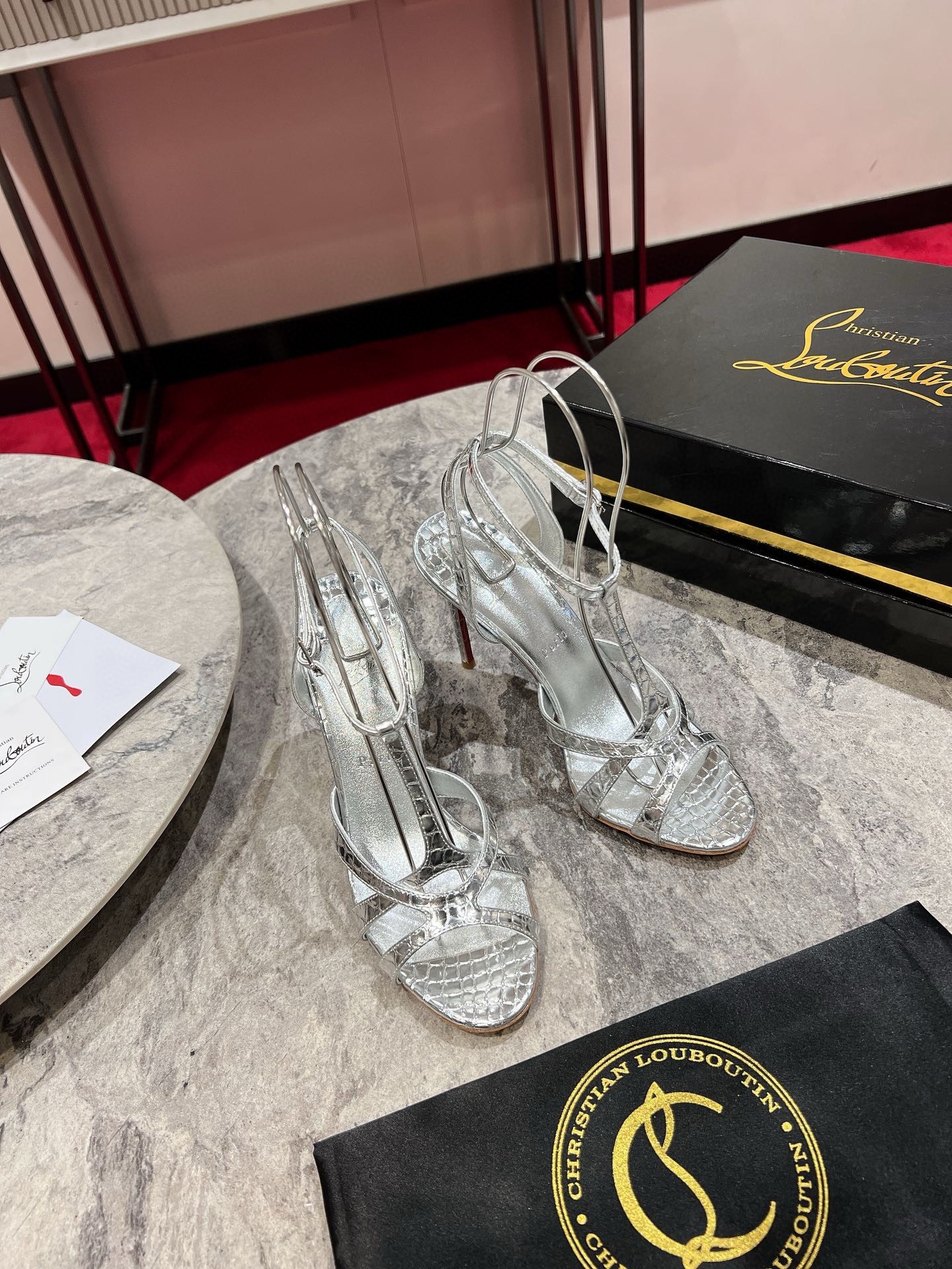 Christian Louboutin Tangueva Strappy Sandals 100mm in Silver Leather