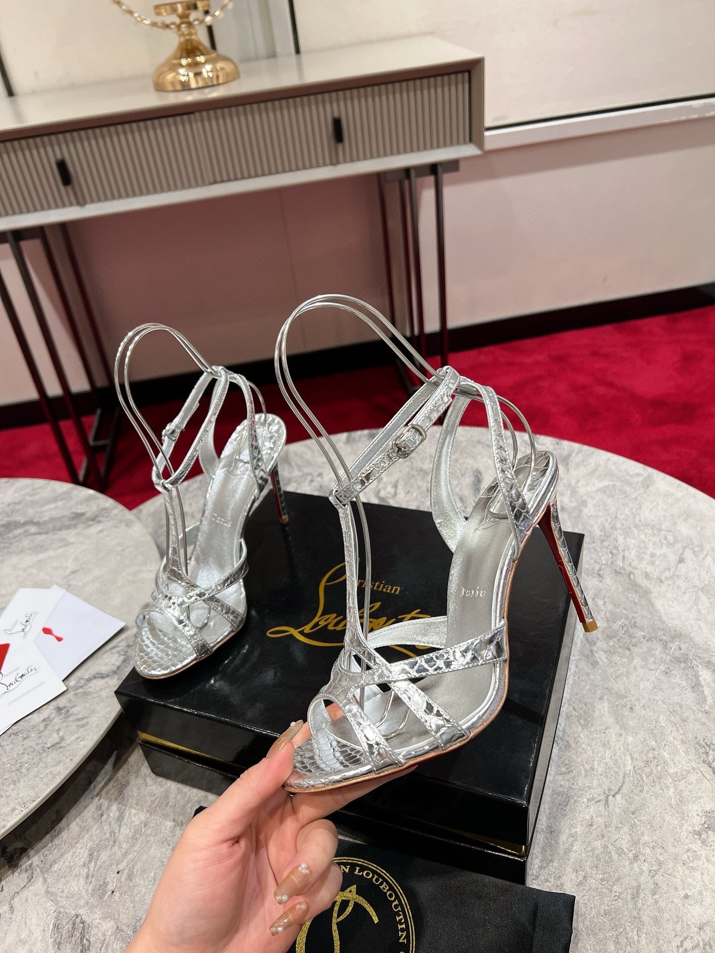 Christian Louboutin Tangueva Strappy Sandals 100mm in Silver Leather