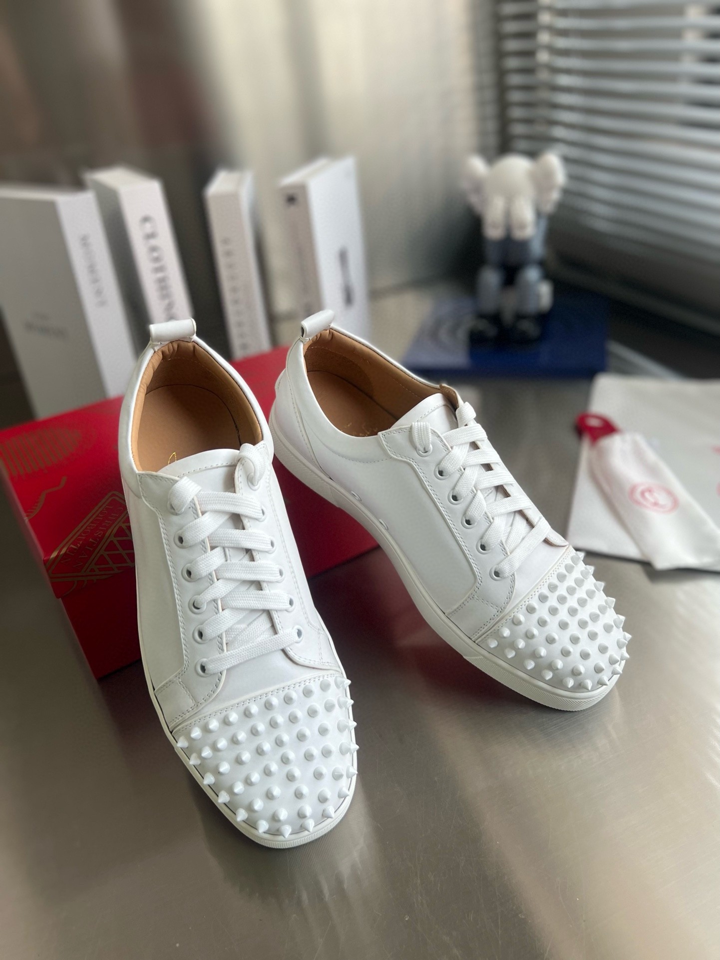 Christian Louboutin Women's Louis Junior Spikes Sneakers In White Leather