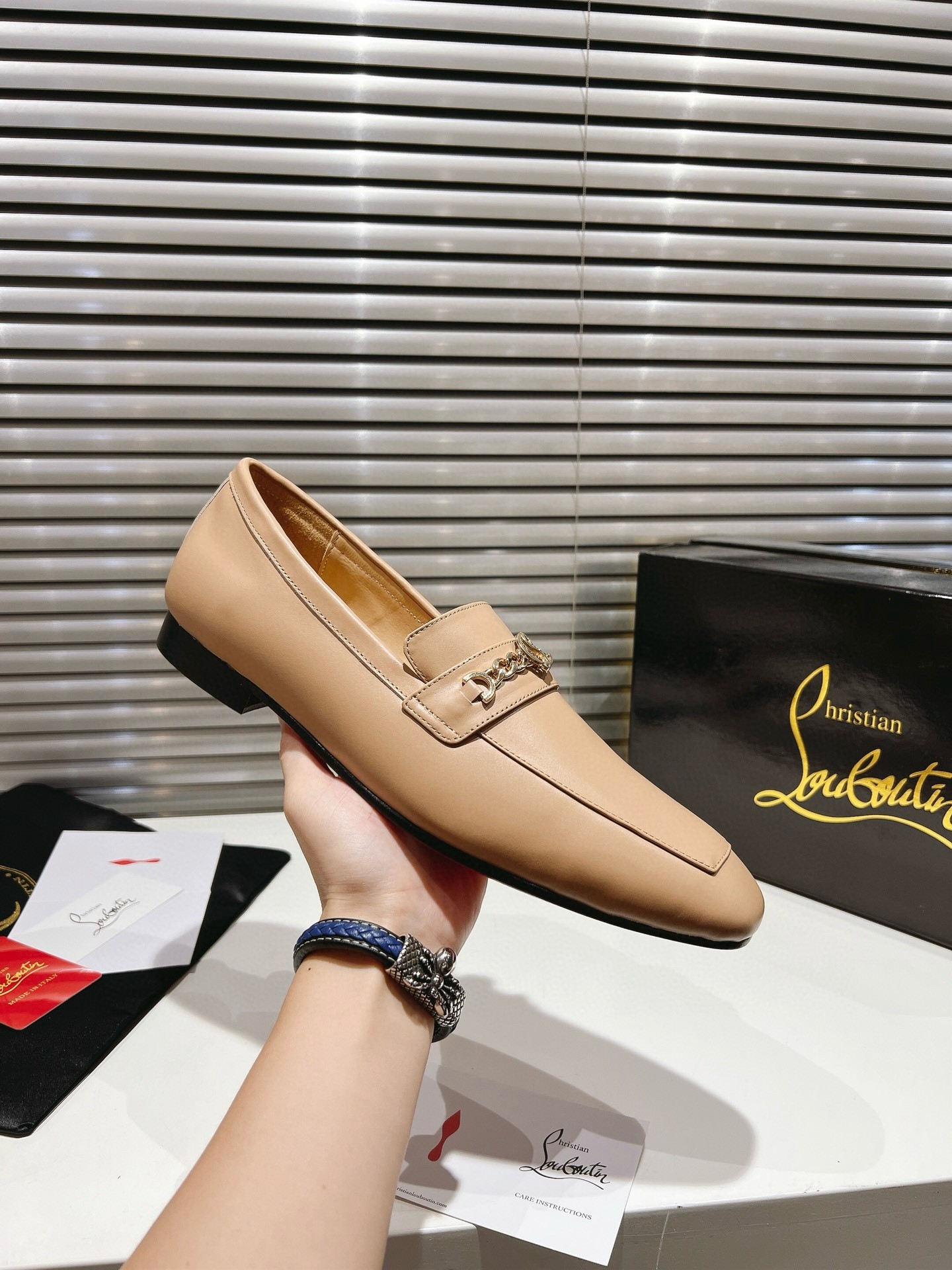 Christian Louboutin Men's MJ Moc Loafers in Beige Calfskin