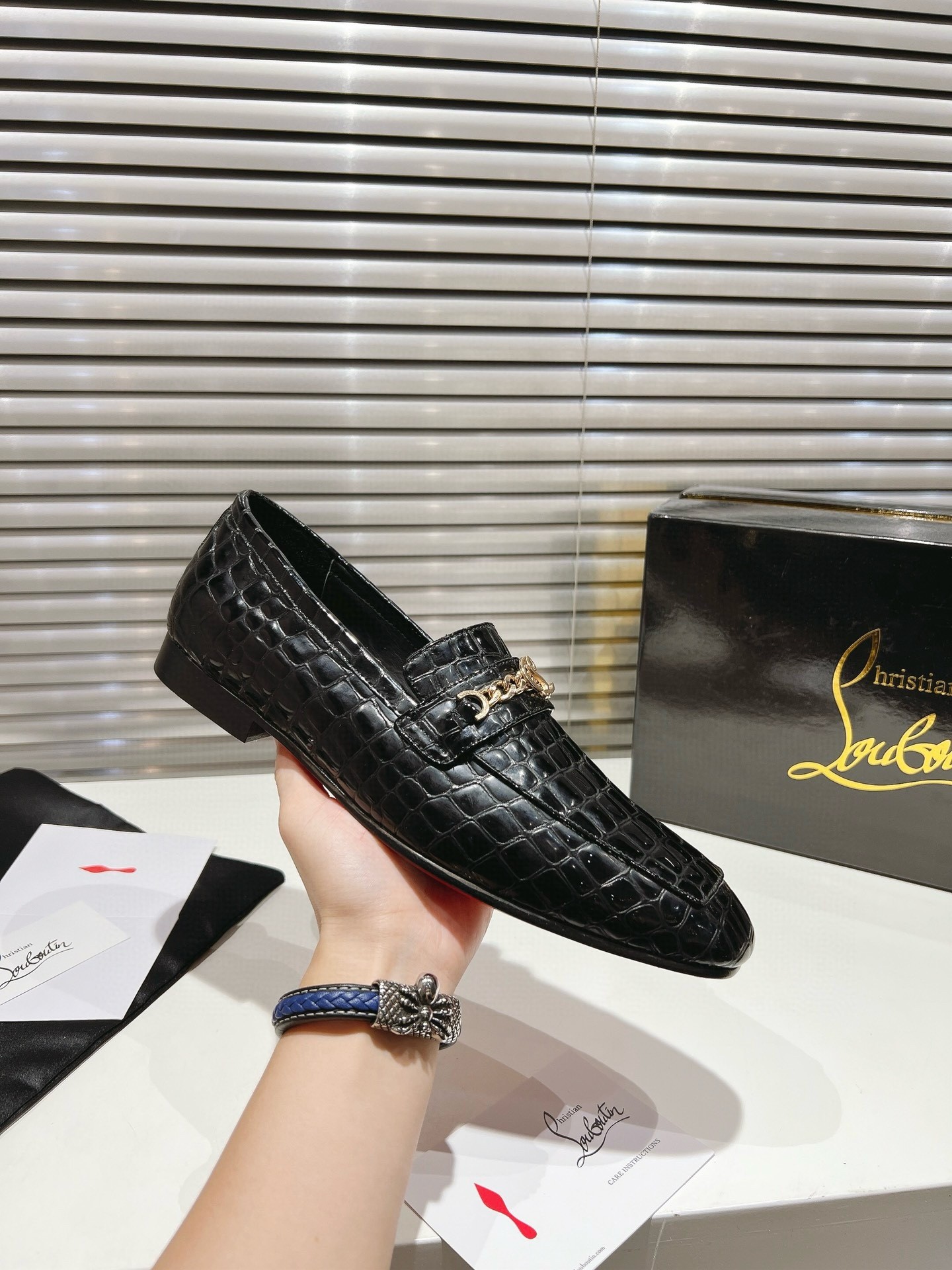 Christian Louboutin Men's MJ Moc Loafers in Black Crocodile Embossed Leather