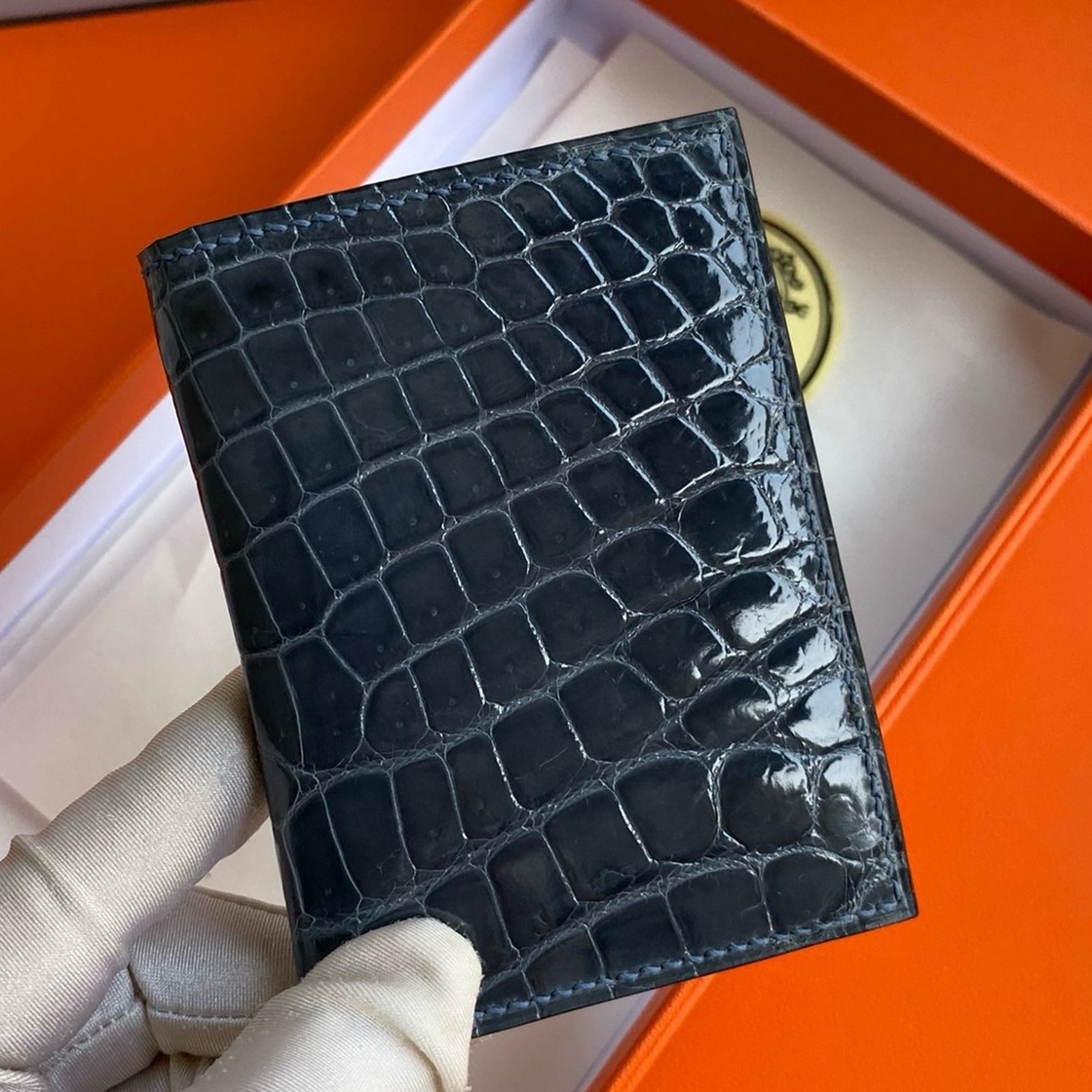 Hermes MC² Euclide Card Holder in Blue Colvert Shiny Alligator Leather