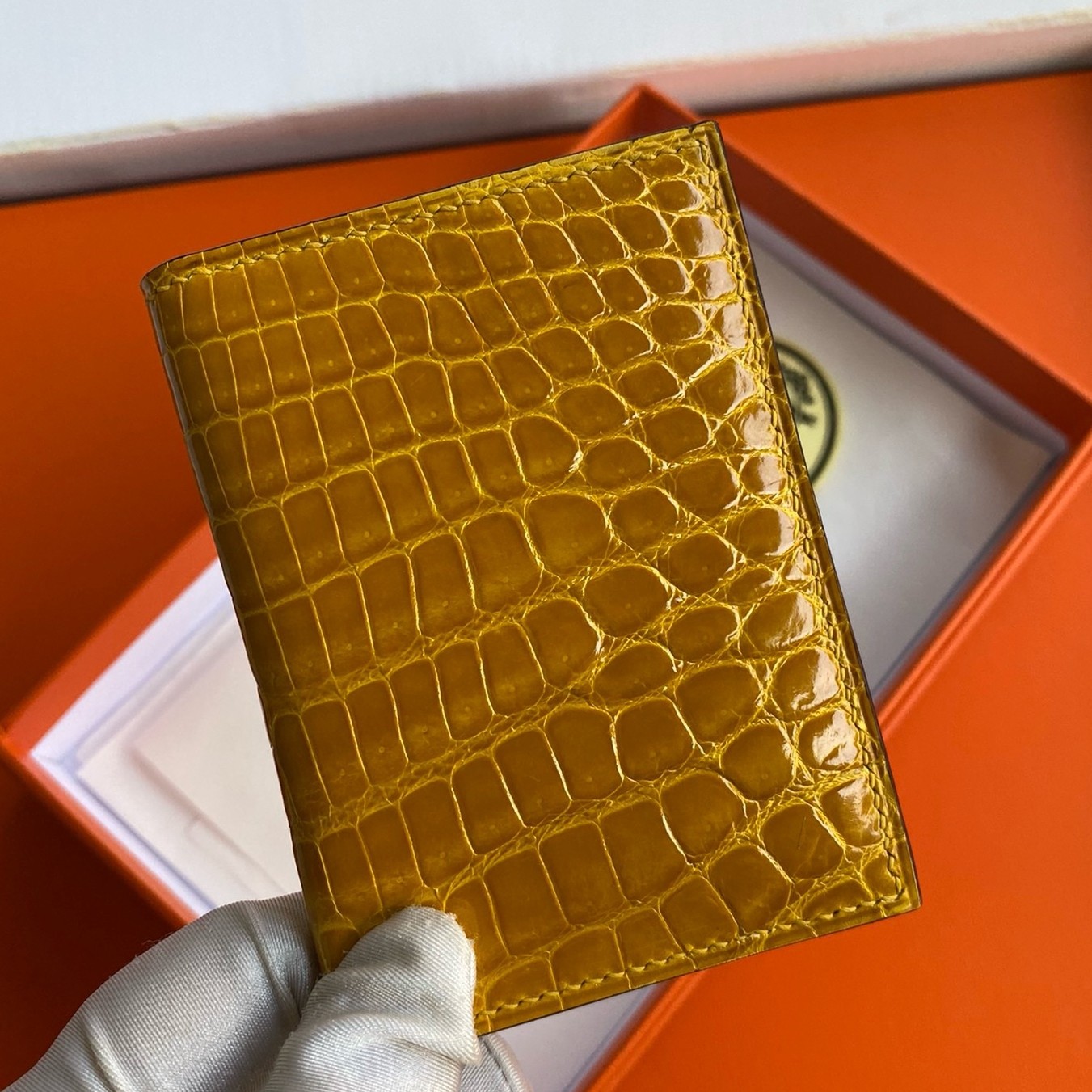 Hermes MC² Euclide Card Holder in Jaune Ambre Shiny Alligator Leather