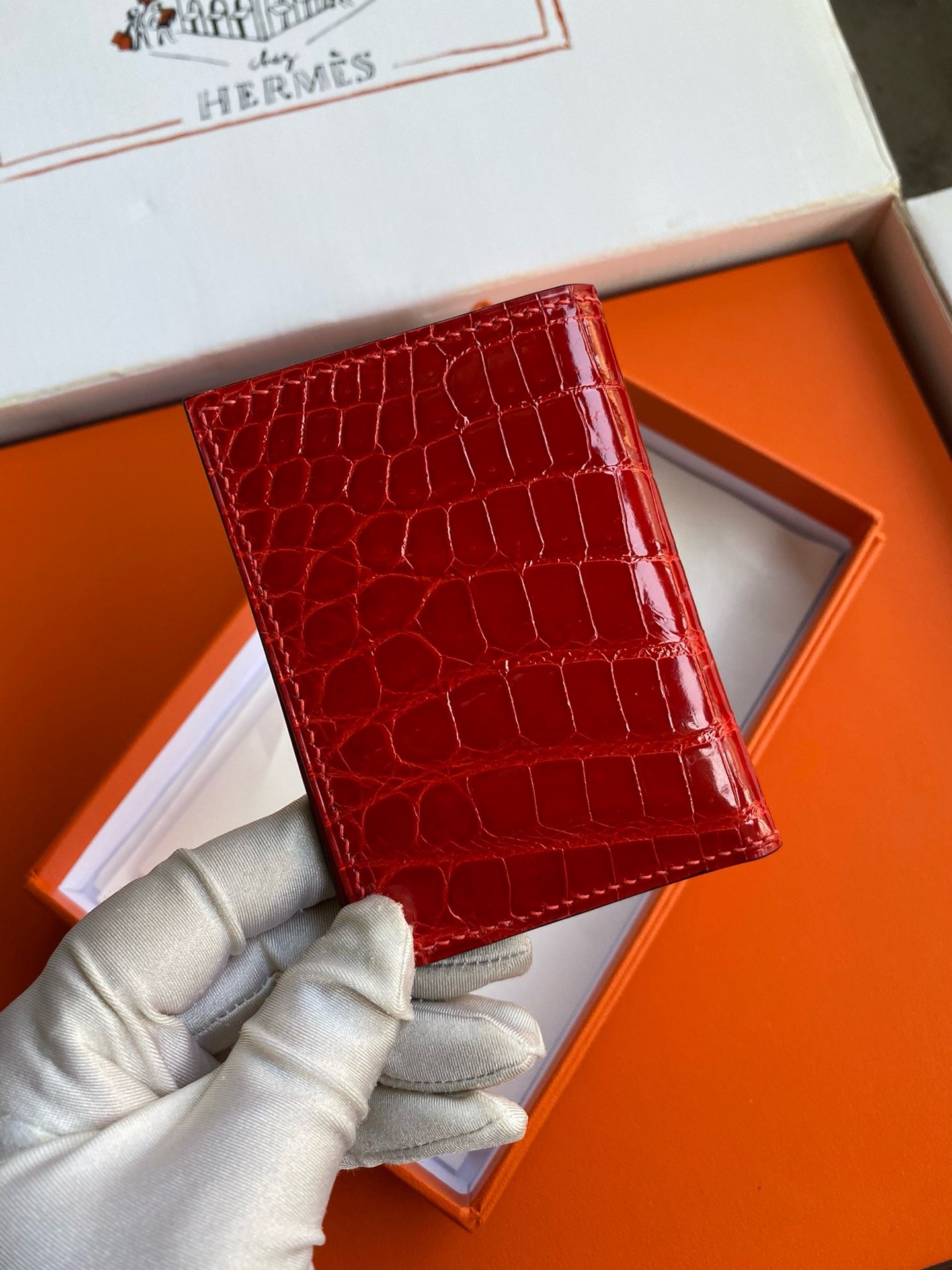 Hermes MC² Euclide Card Holder in Red Shiny Alligator Leather