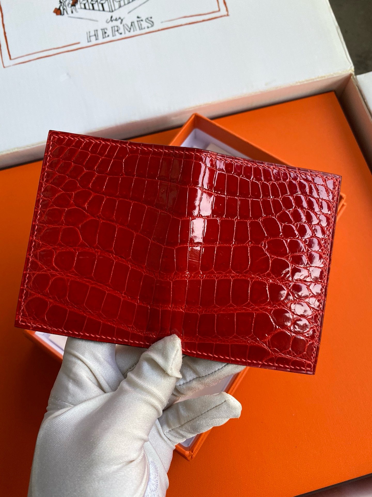 Hermes MC² Euclide Card Holder in Red Shiny Alligator Leather