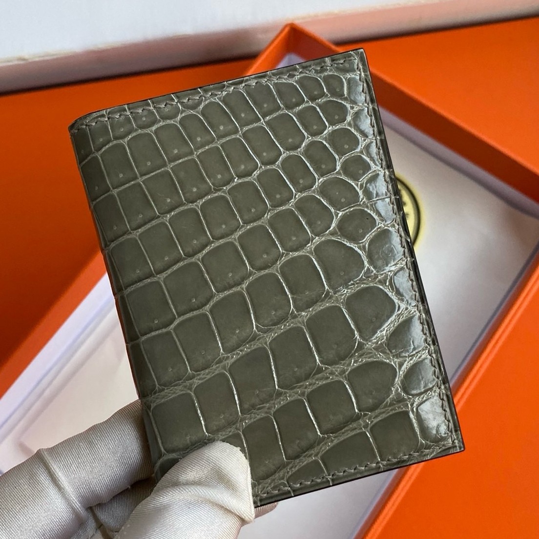 Hermes MC² Euclide Card Holder in Tourterelle Shiny Alligator Leather