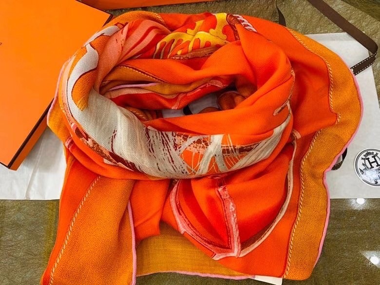 Hermes Orange Projets Carres Shawl 140