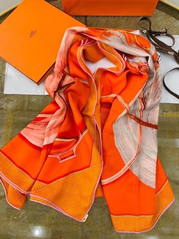 Hermes Orange Projets Carres Shawl 140