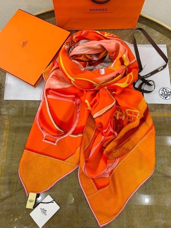 Hermes Orange Projets Carres Shawl 140