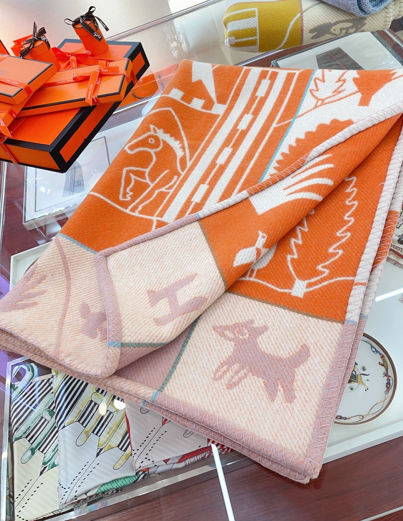 Hermes Avalon Epopee Blanket in Mandarine Wool and Cashmere