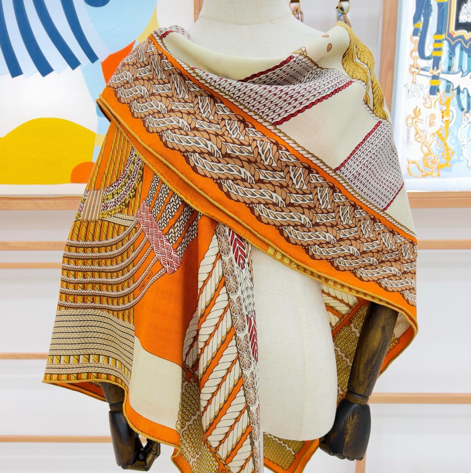 Hermes Orange Dressage Tressage Shawl 140