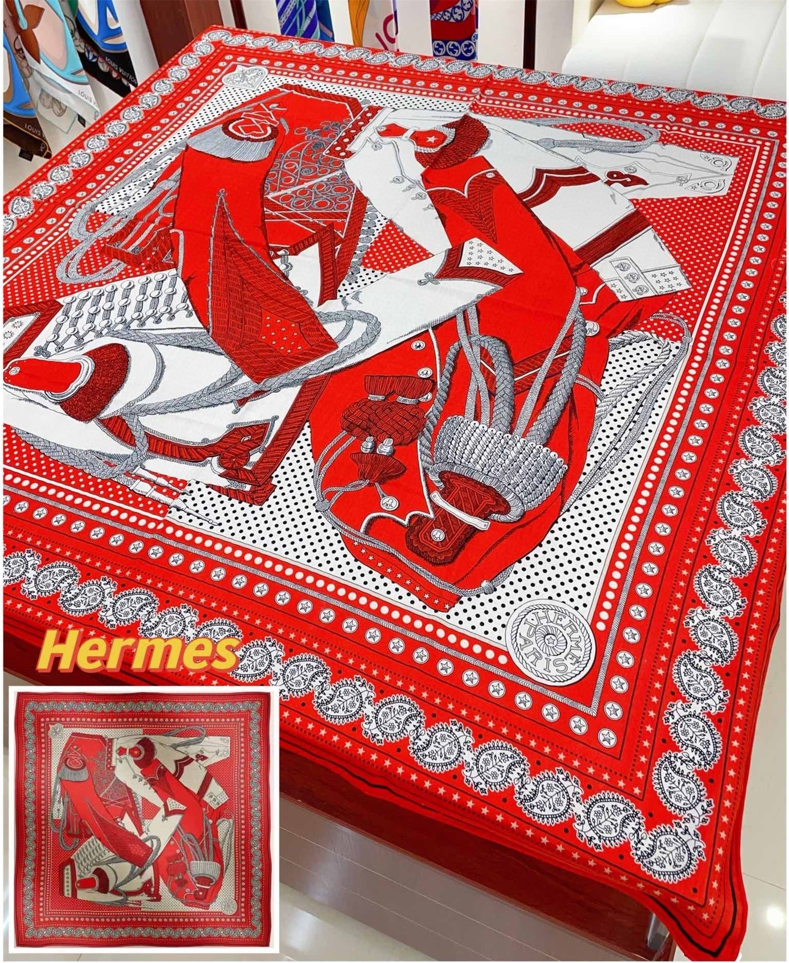 Hermes Red Zouaves et Dragons Bandana Shawl 140