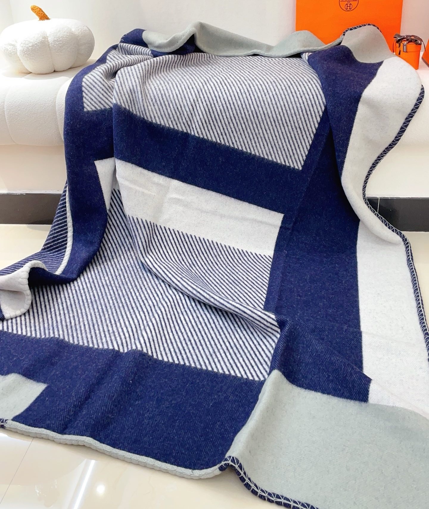 Hermes H Riviera Blanket in Marine Wool and Cashmere