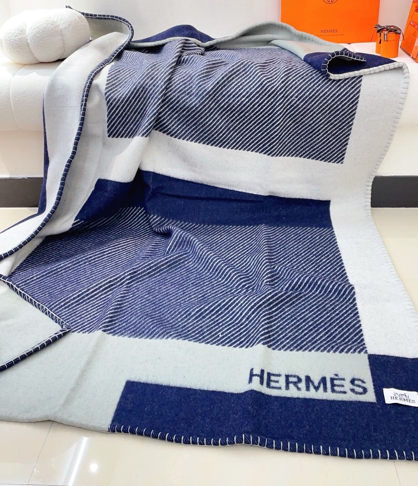 Hermes H Riviera Blanket in Marine Wool and Cashmere