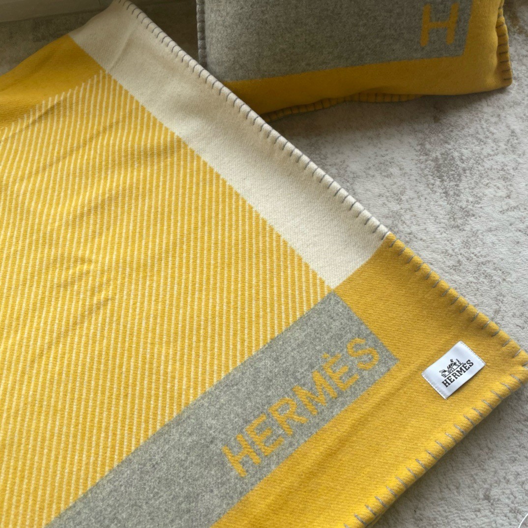 Hermes H Riviera Blanket in Yellow Wool and Cashmere