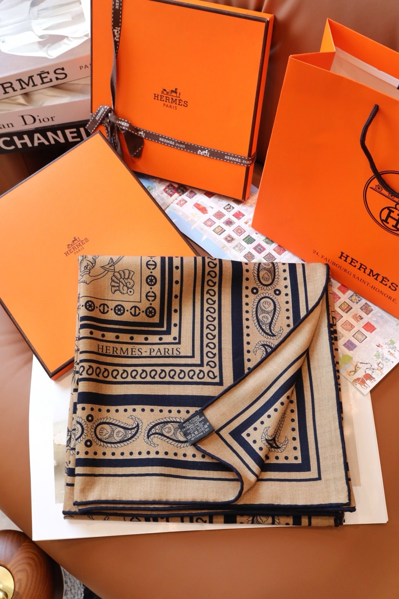 Hermes Caramel Tatouages Marins Bandana Shawl 140