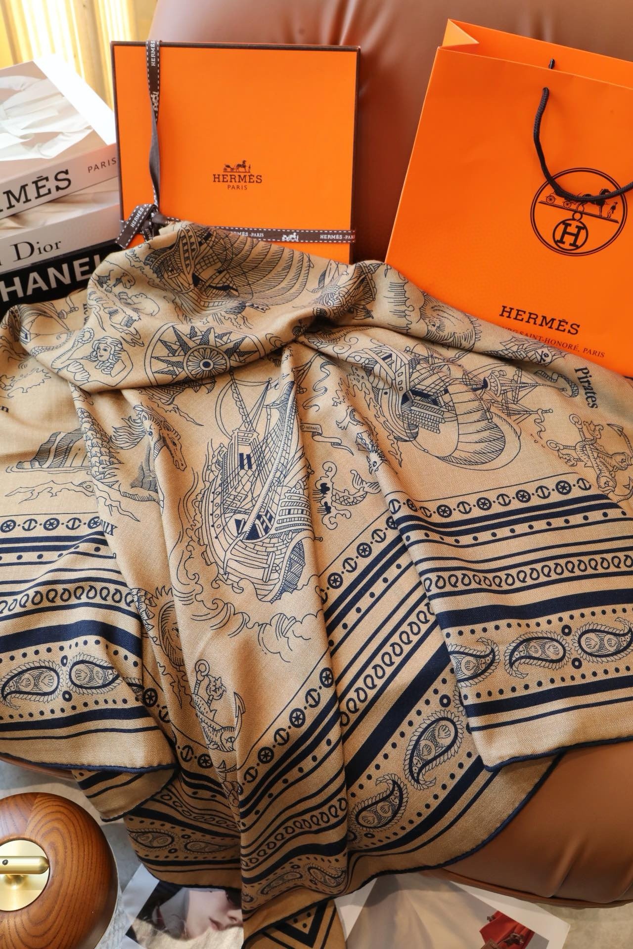 Hermes Caramel Tatouages Marins Bandana Shawl 140