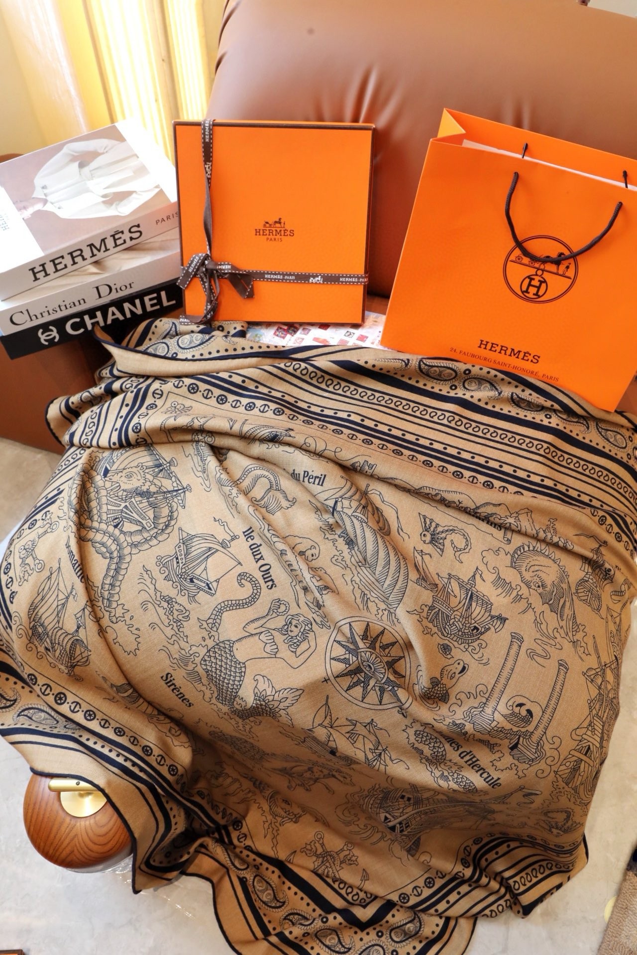 Hermes Caramel Tatouages Marins Bandana Shawl 140