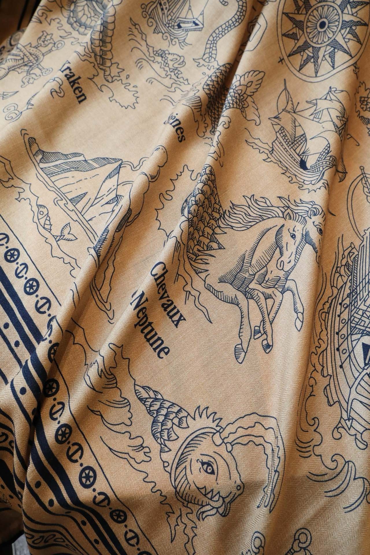 Hermes Caramel Tatouages Marins Bandana Shawl 140