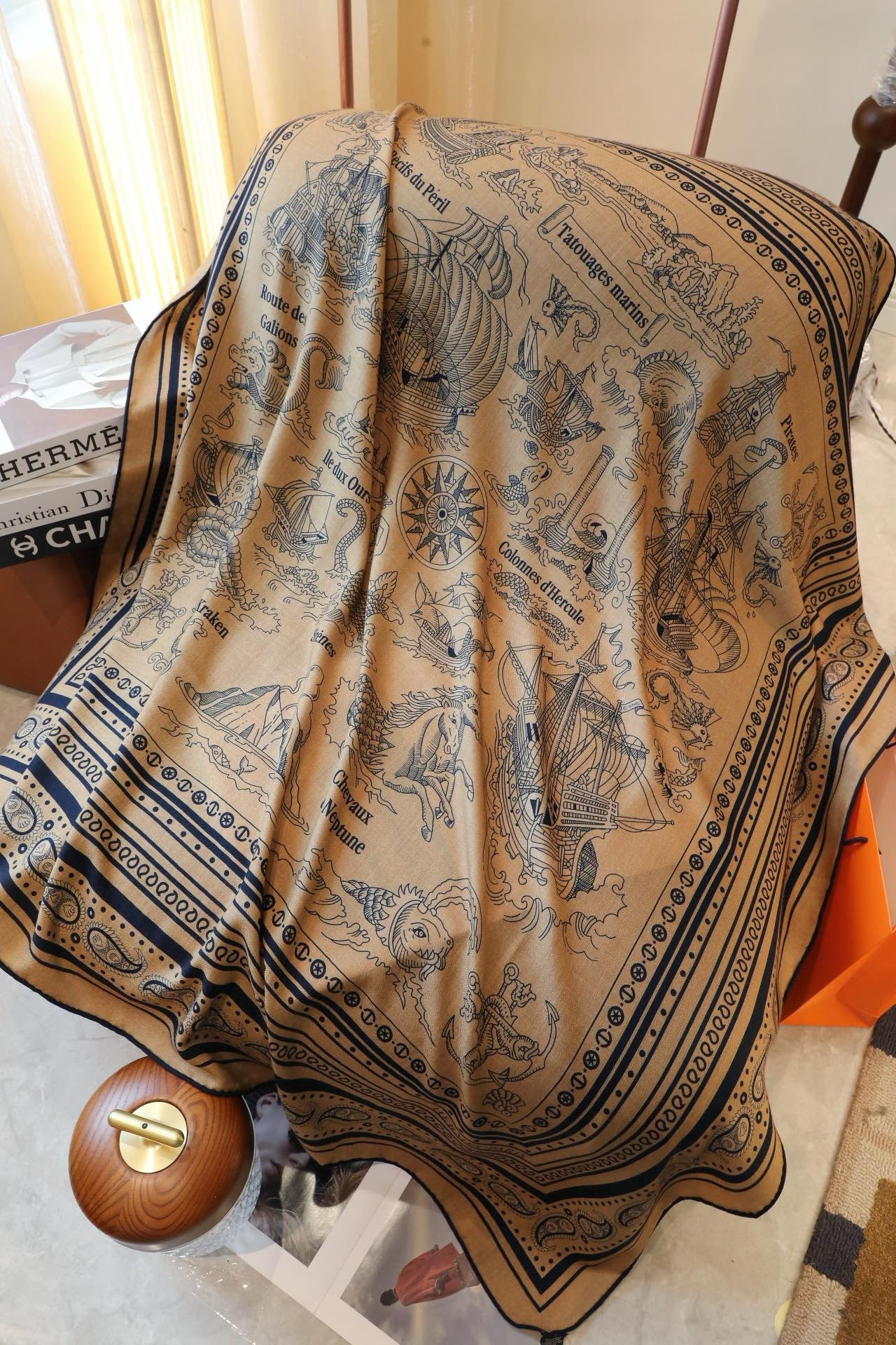 Hermes Caramel Tatouages Marins Bandana Shawl 140