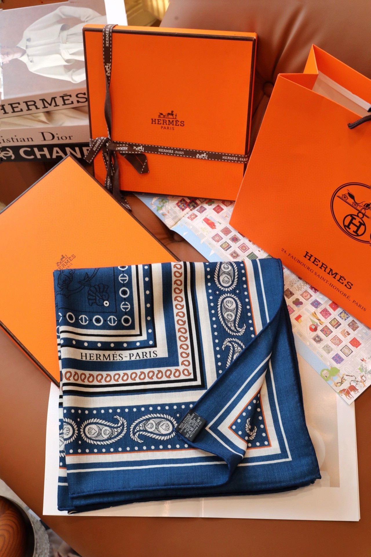 Hermes Blue Tatouages Marins Bandana Shawl 140