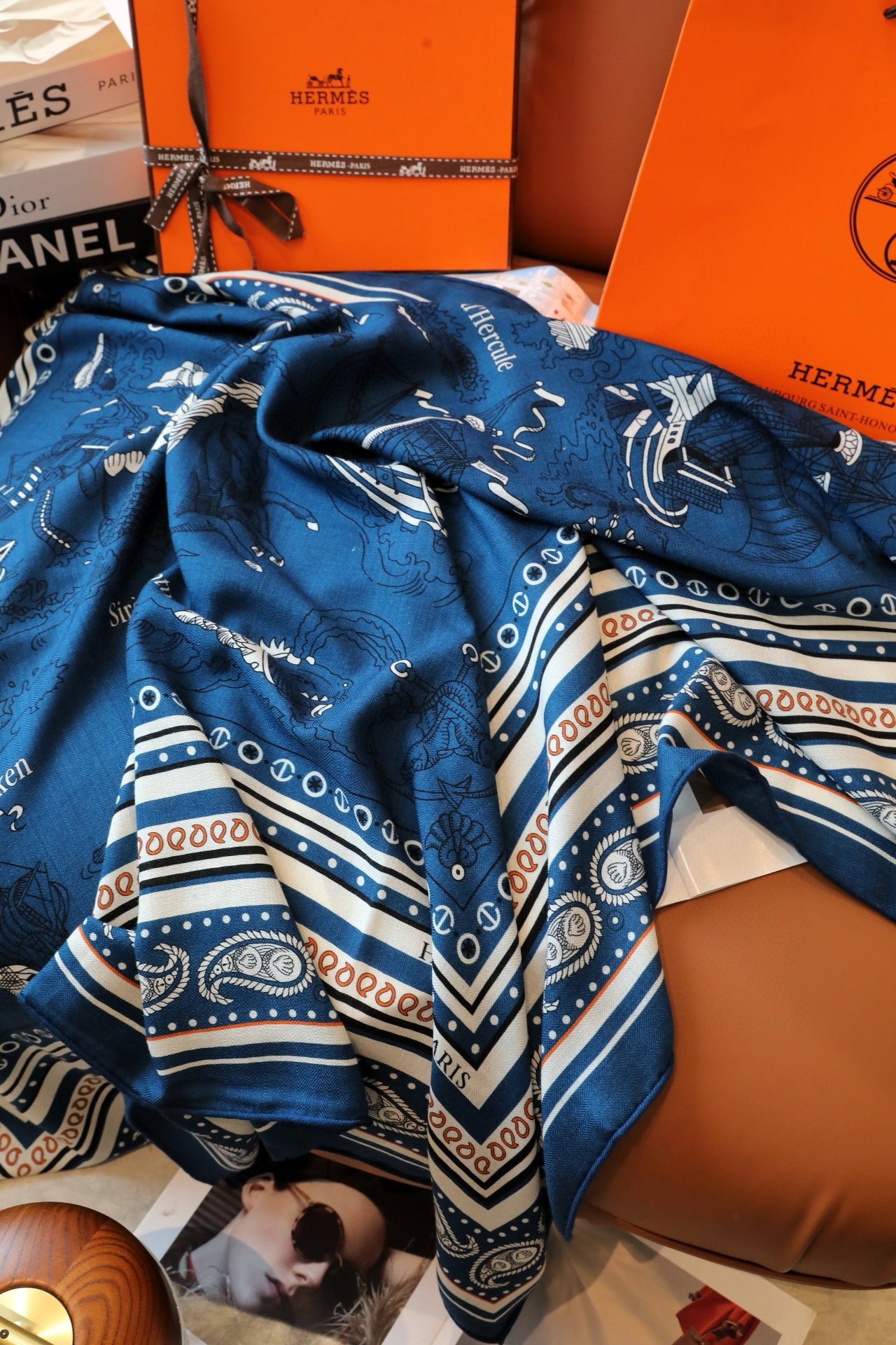 Hermes Blue Tatouages Marins Bandana Shawl 140