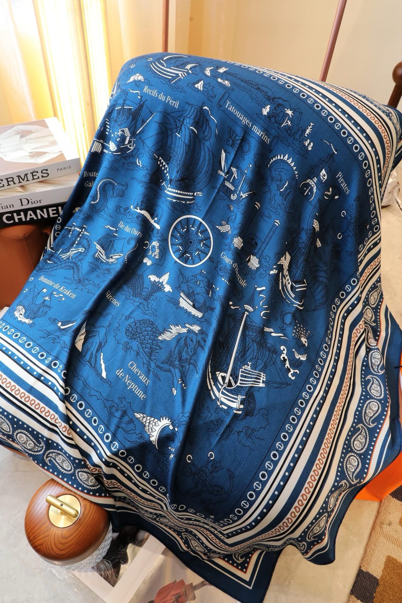 Hermes Blue Tatouages Marins Bandana Shawl 140