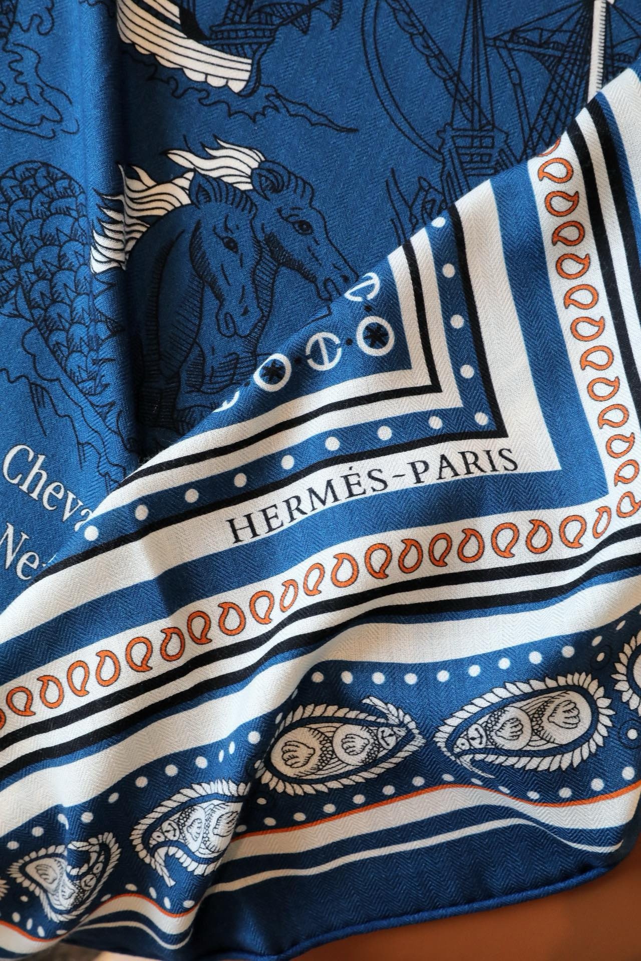 Hermes Blue Tatouages Marins Bandana Shawl 140