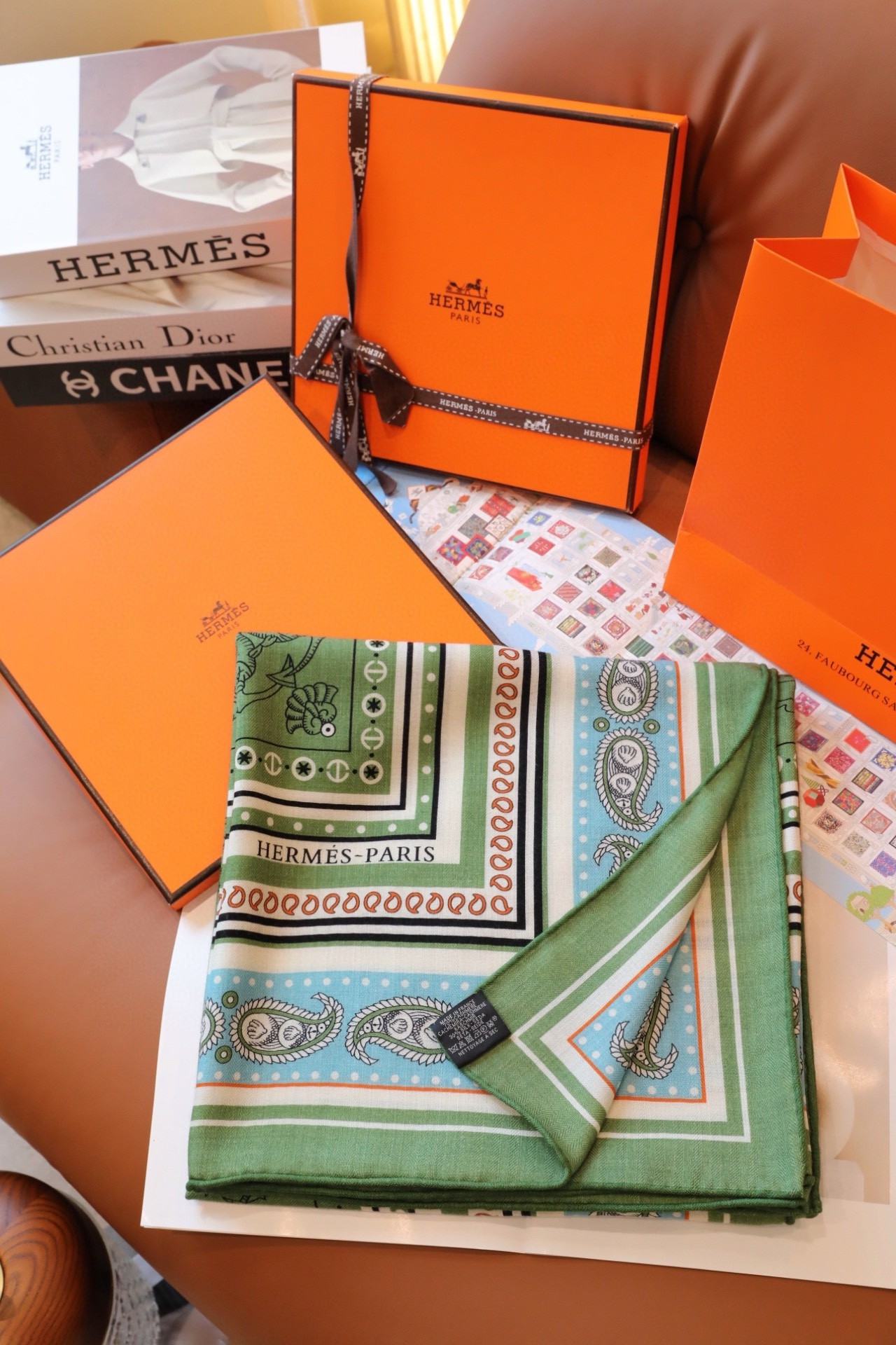 Hermes Green Tatouages Marins Bandana Shawl 140