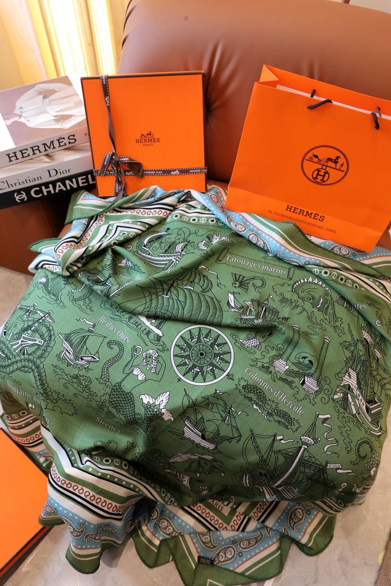 Hermes Green Tatouages Marins Bandana Shawl 140