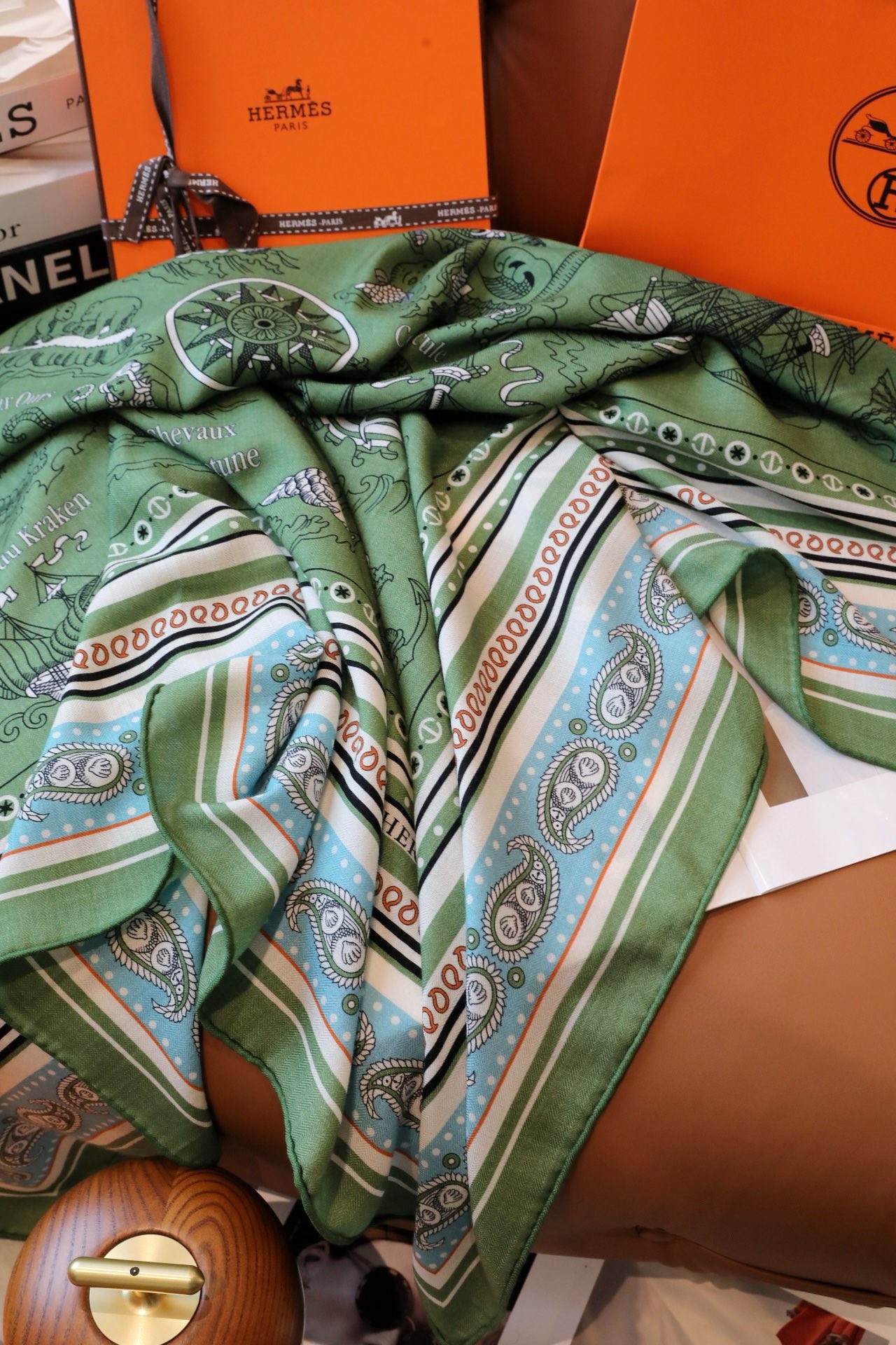 Hermes Green Tatouages Marins Bandana Shawl 140