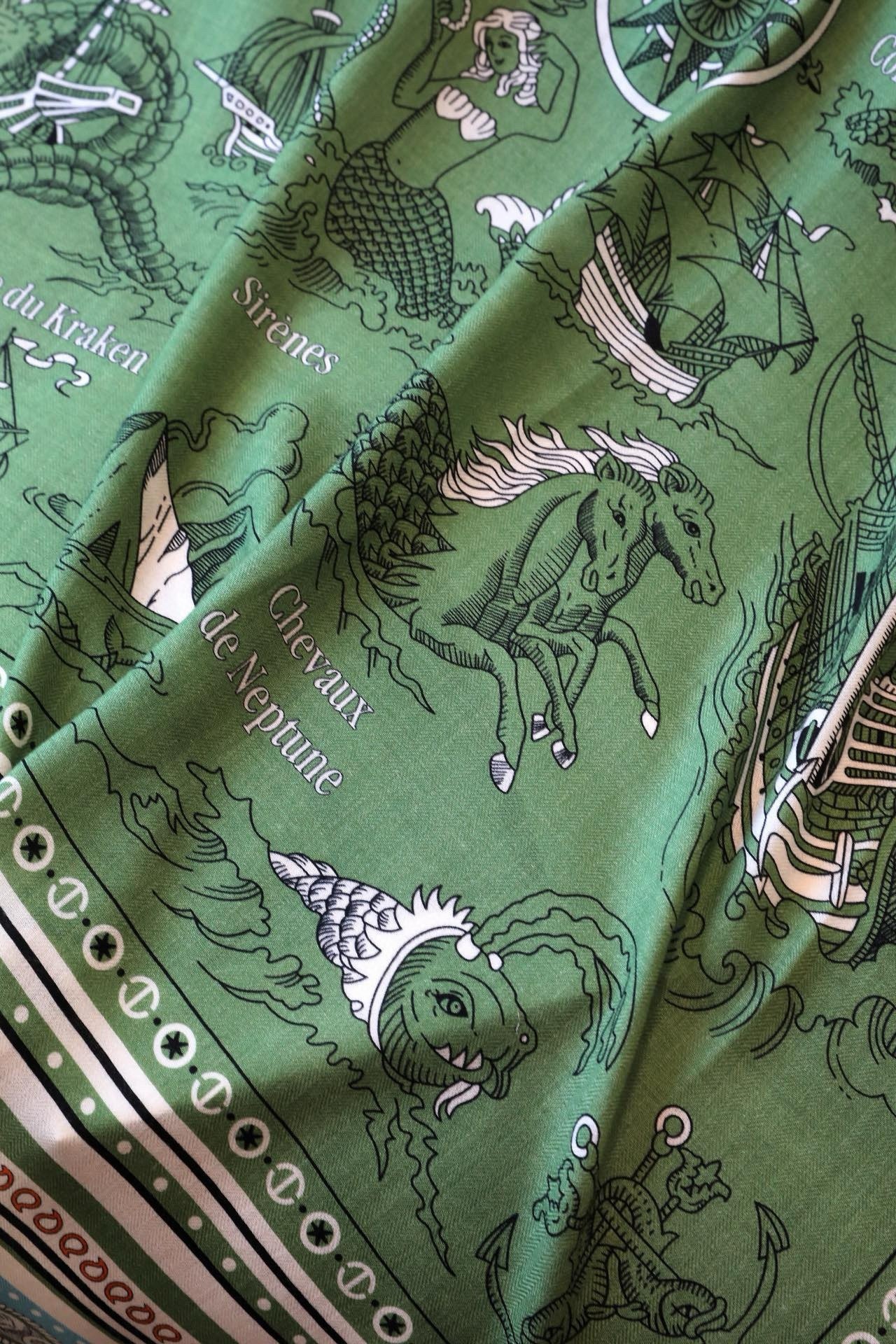 Hermes Green Tatouages Marins Bandana Shawl 140