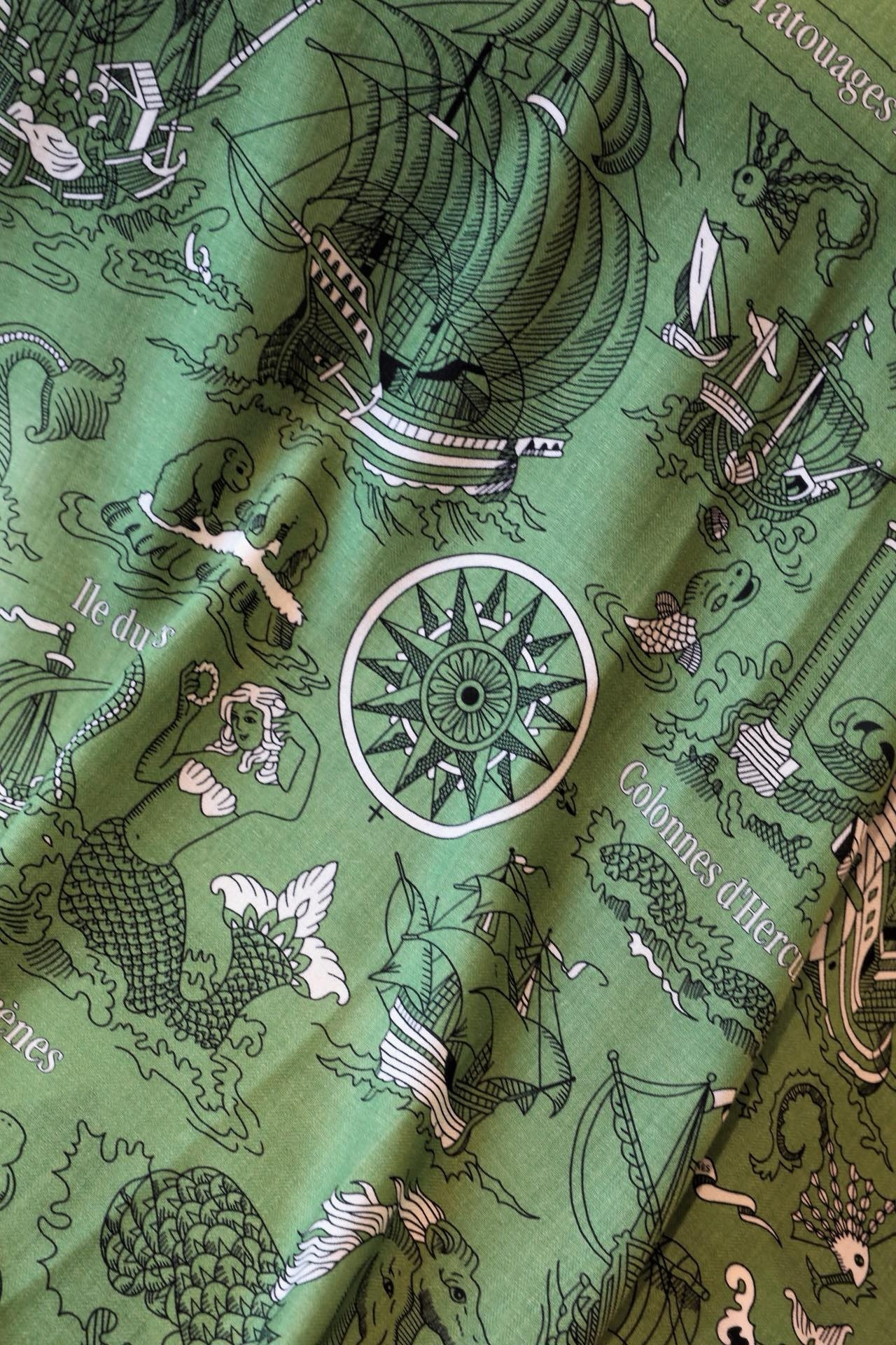 Hermes Green Tatouages Marins Bandana Shawl 140