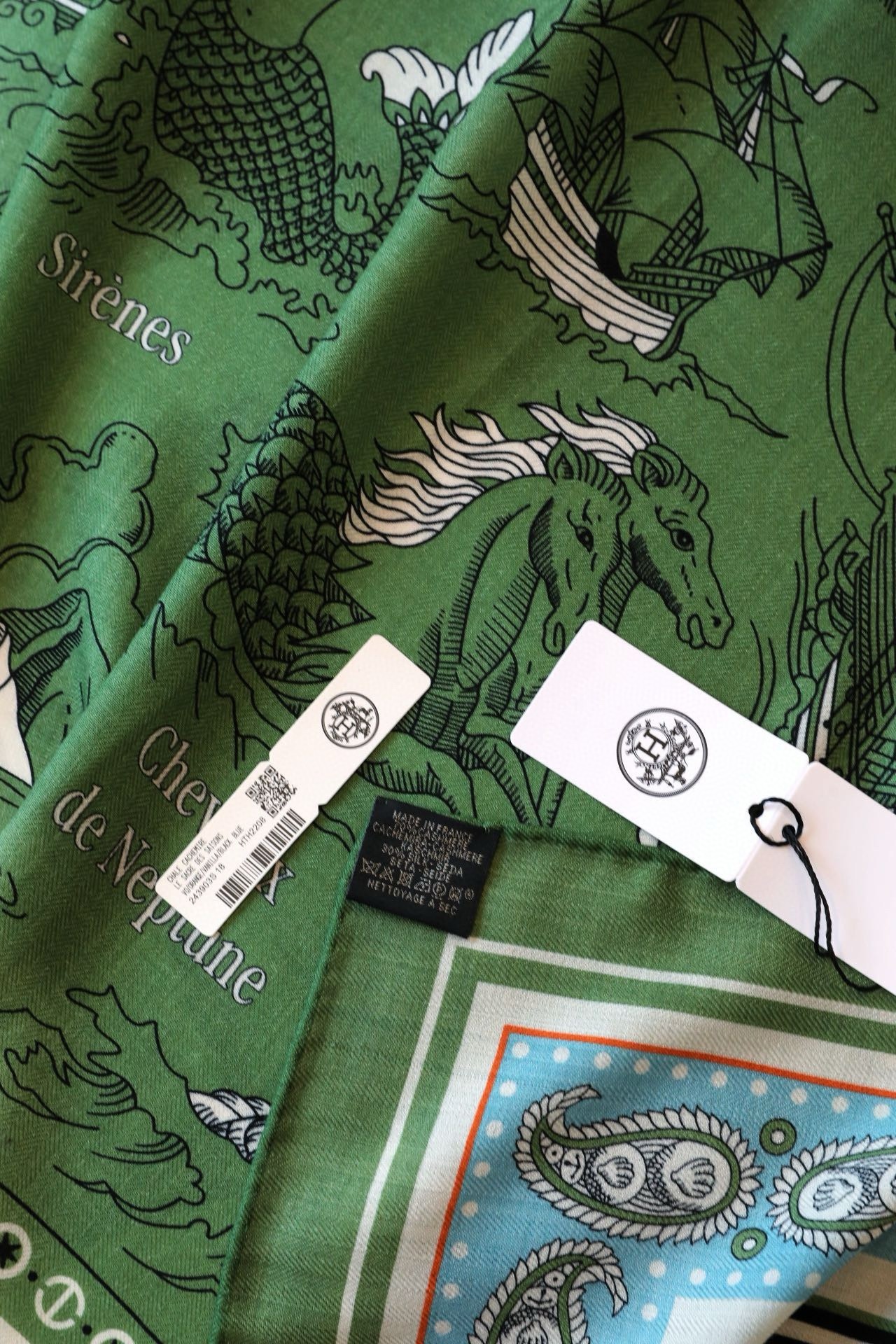 Hermes Green Tatouages Marins Bandana Shawl 140