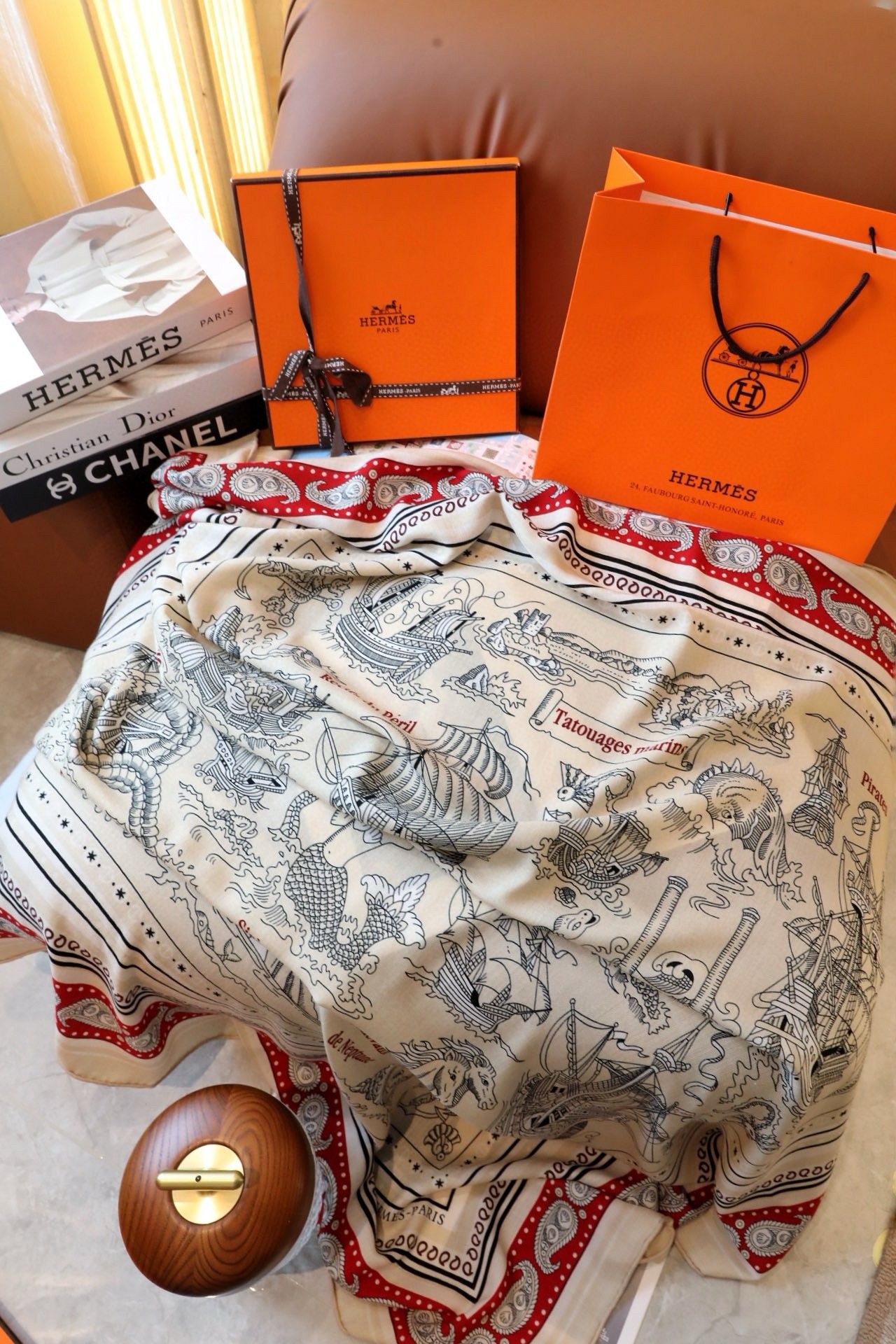 Hermes Naturel Tatouages Marins Bandana Shawl 140