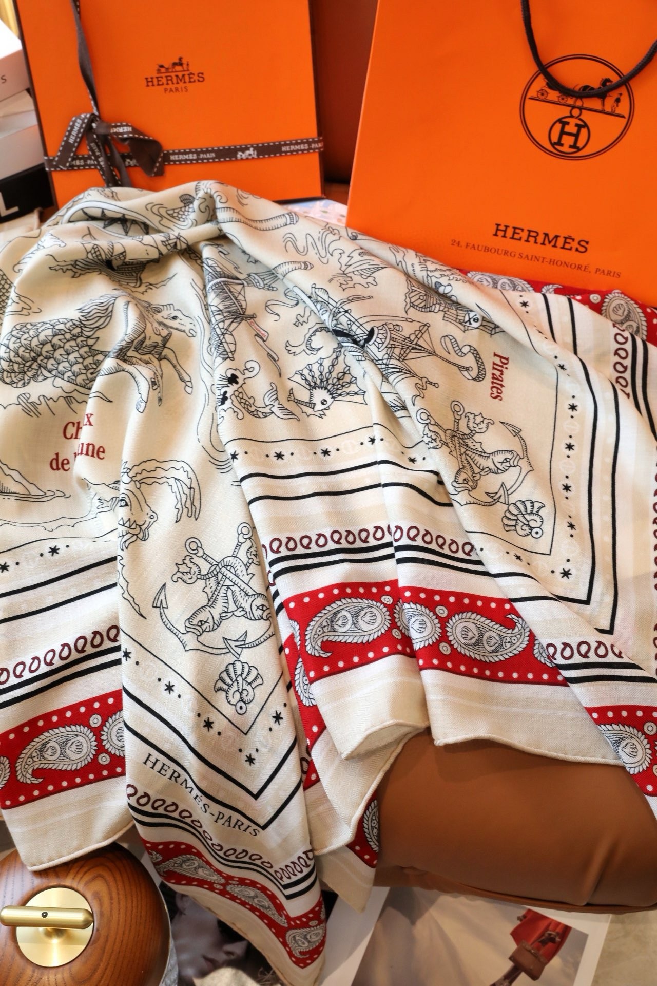 Hermes Naturel Tatouages Marins Bandana Shawl 140