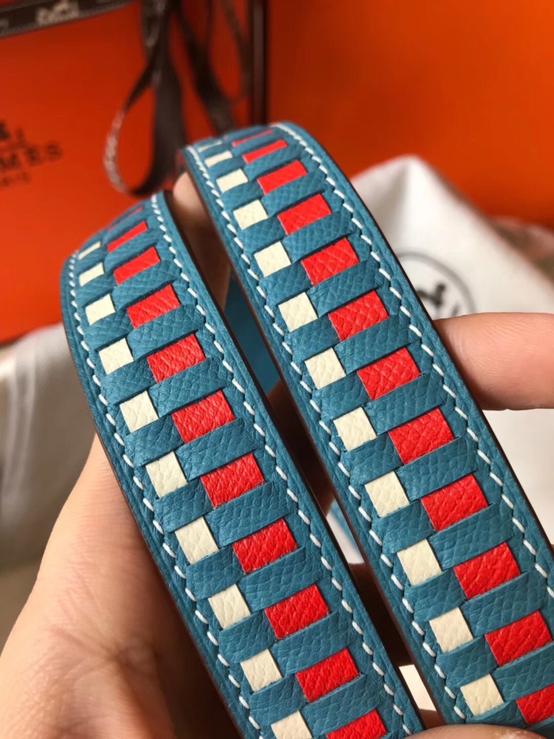 Hermes Blue Jean Tressage Cuir 25MM Bag Strap