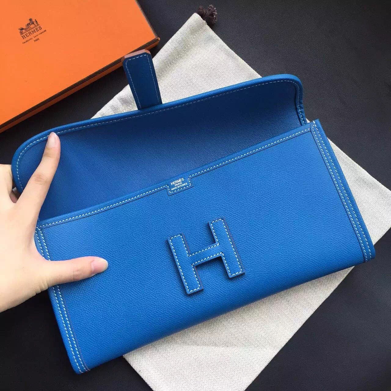 Hermes Blue Epsom Jige Elan 29 Clutch Bag