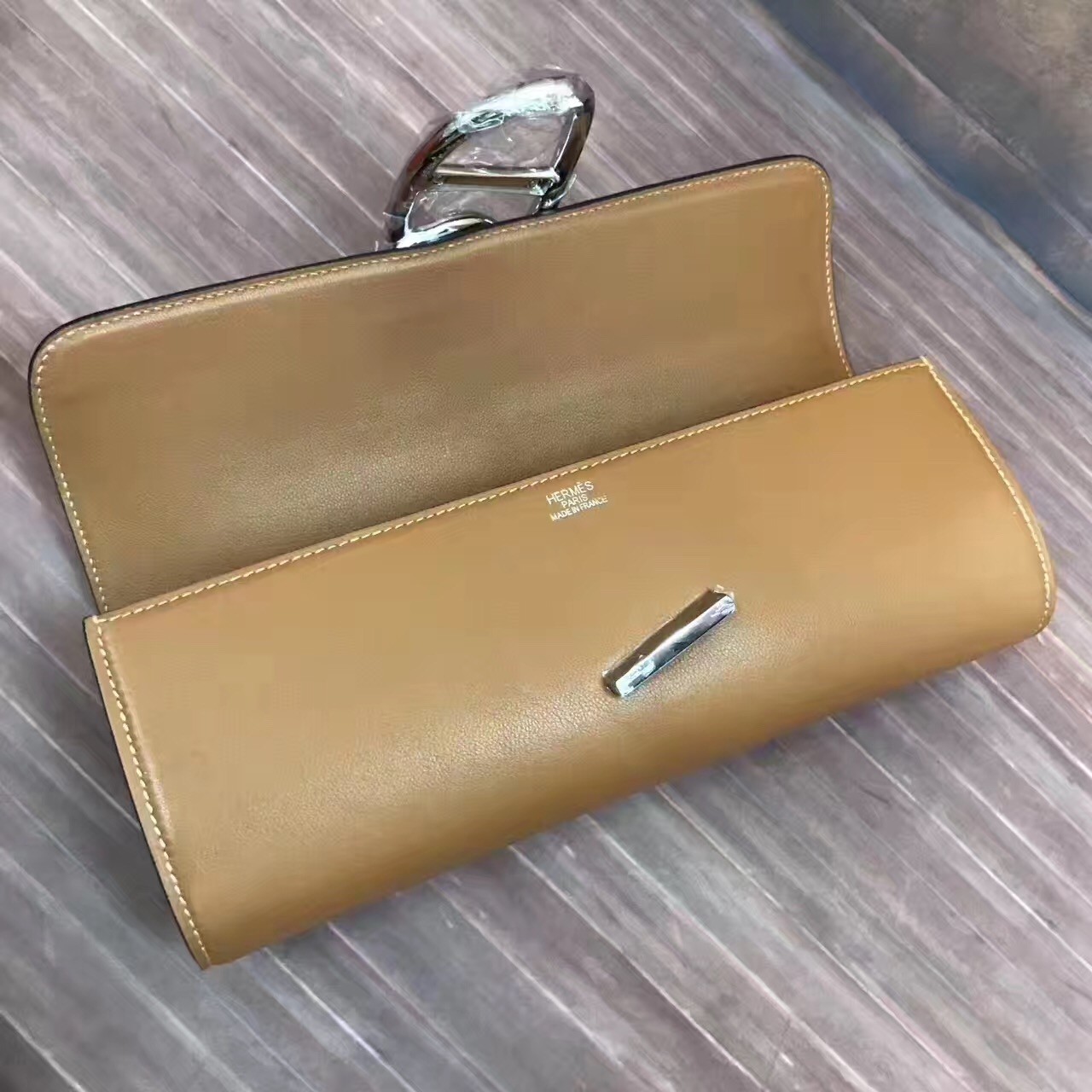 Hermes Handmade Egee Clutch In Caramel Swift Leather