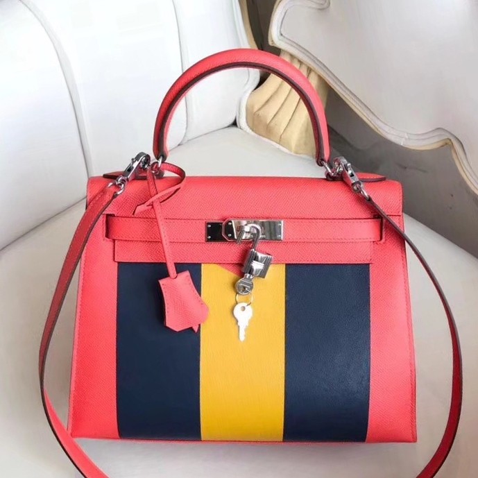 Hermes Multicolor Stripes Kelly 28cm Red Bag