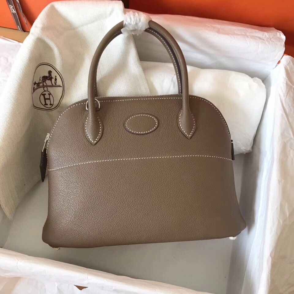 Hermes Taupe Clemence Bolide 27cm Handmade Bag