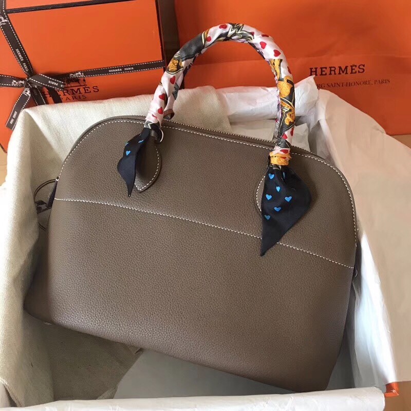 Hermes Taupe Clemence Bolide 31cm Handmade Bag