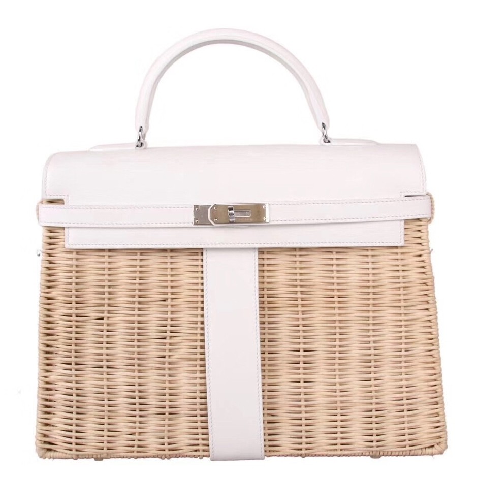 Hermes White Picnic Kelly 35cm Wicker Bag