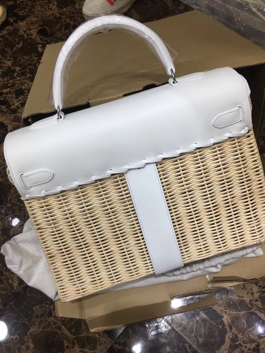 Hermes White Picnic Kelly 35cm Wicker Bag